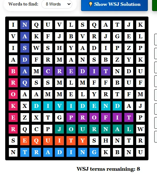 Completed WSJ Crossword Game with All Wall Street Journal Terms Found and Success Message