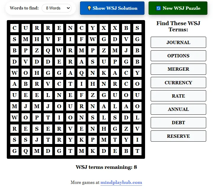 WSJ Crossword Wall Street Journal Word Search Game Interface with Financial Terms Grid