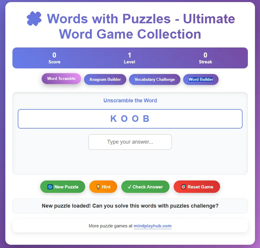 Words with Puzzles Game Collection Interface Showing Word Scramble Anagram Builder and Vocabulary Games