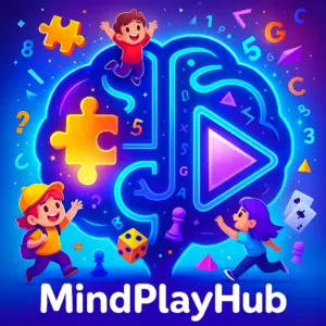 Colorful digital illustration of a glowing brain-shaped maze with playful characters exploring it, floating puzzle pieces, numbers, letters, and gaming elements like dice, chess pieces, and cards, representing fun and mind-challenging games on MindPlayHub