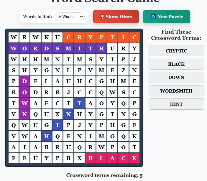 Successfully completed mini crossword hint puzzle showing all terms found with colorful highlighting and celebration message.