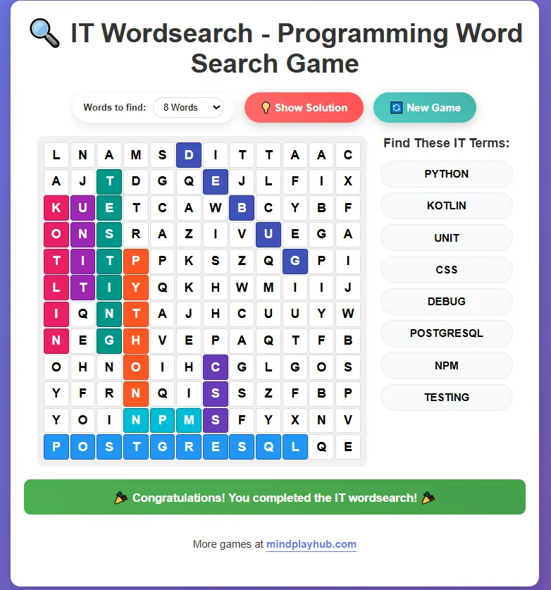 Completed IT WordSearch Game with All Programming Terms Found and Success Message