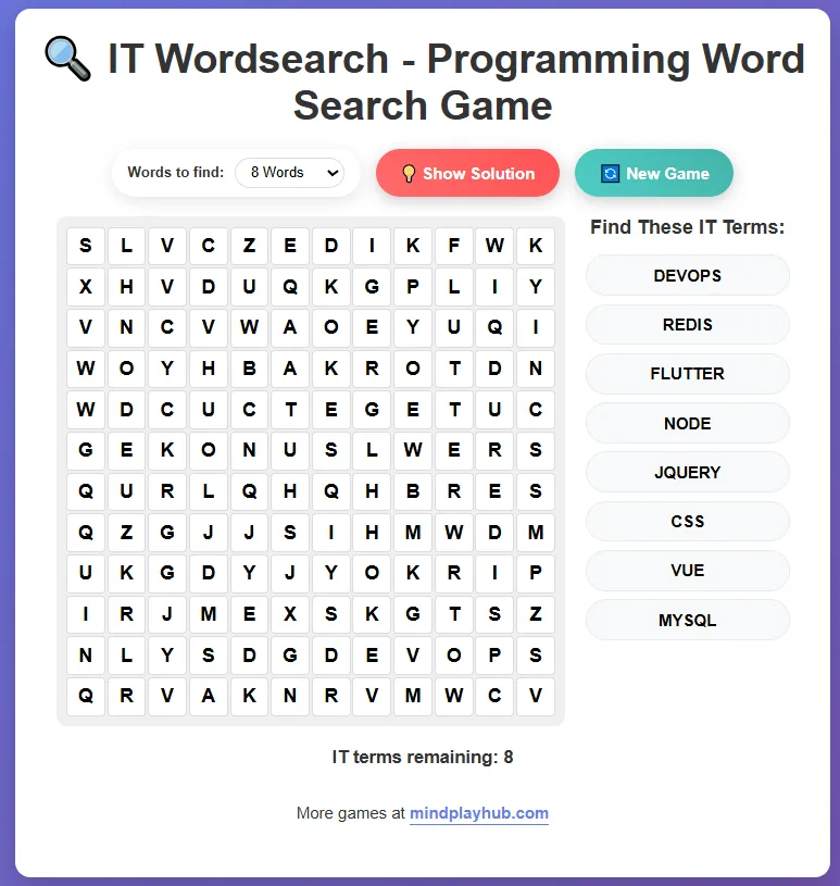 IT WordSearch Programming Game Interface with Interactive Grid and IT Terms List